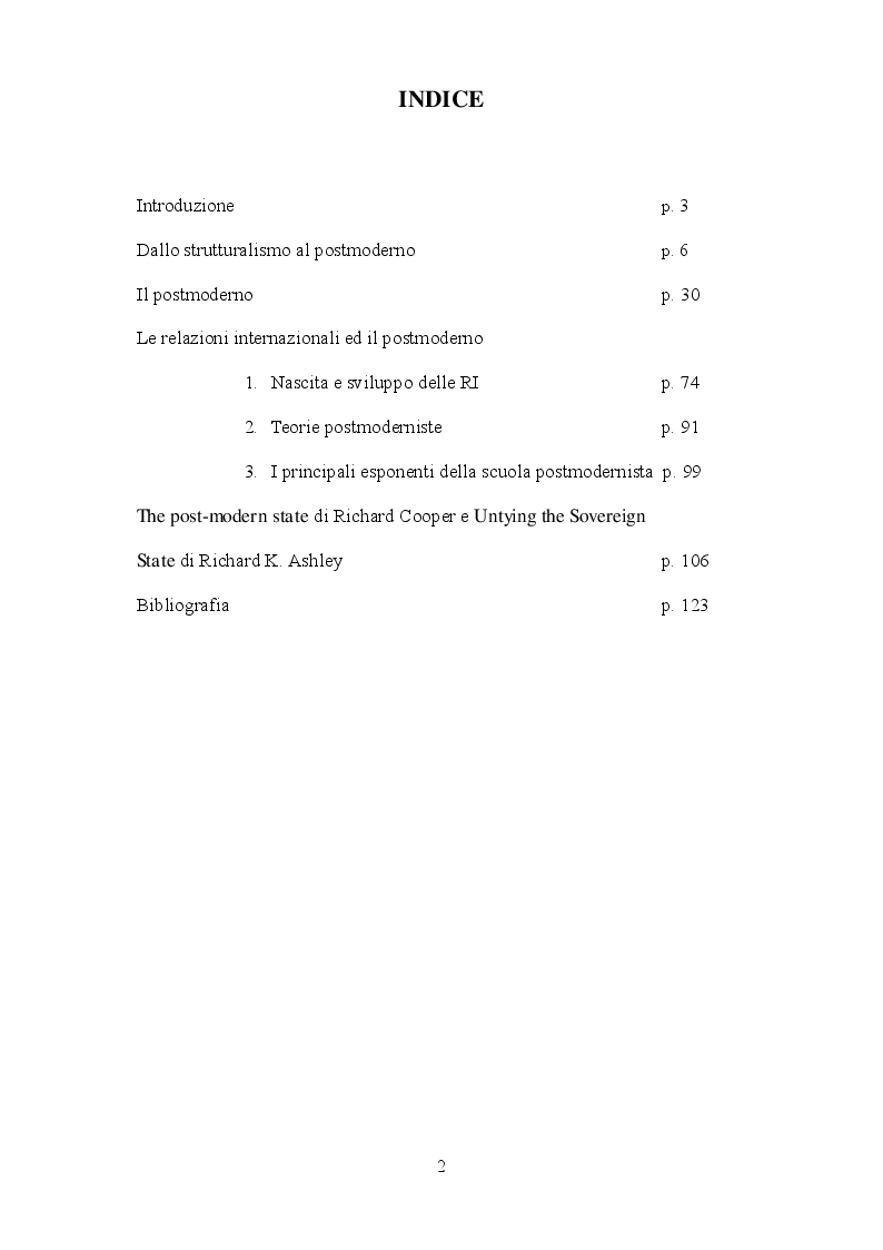Indice della tesi: Il postmoderno nelle Relazioni Internazionali, Pagina 1