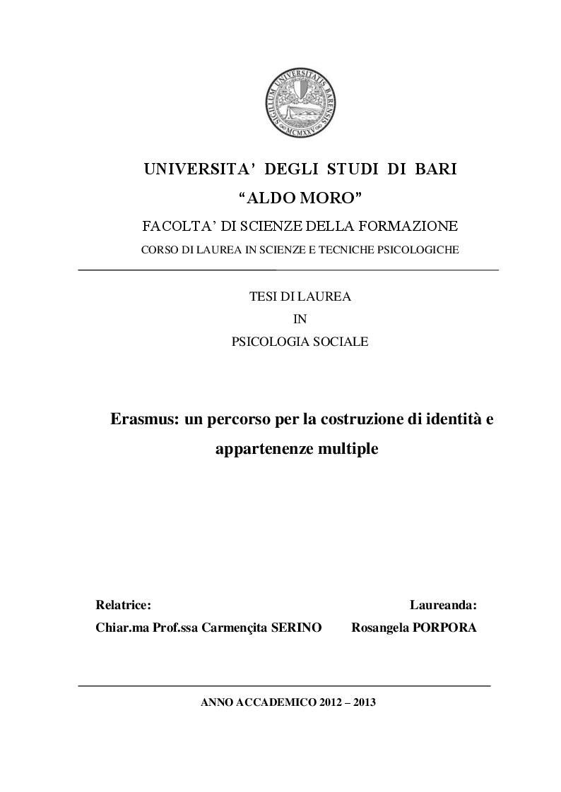 Anteprima della tesi: Erasmus: un percorso per la costruzione di identità e appartenenze multiple, Pagina 1