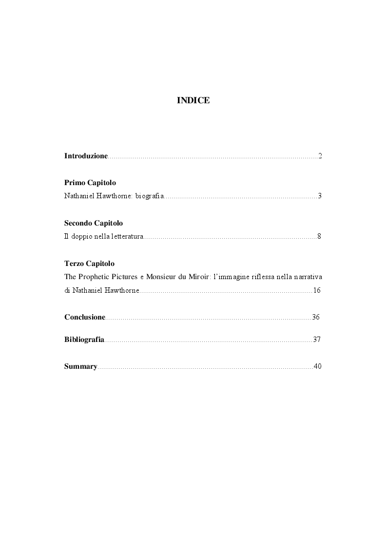 Indice della tesi: L'immagine riflessa: il ritratto e lo specchio nella narrativa di Nathaniel Hawthorne, Pagina 1