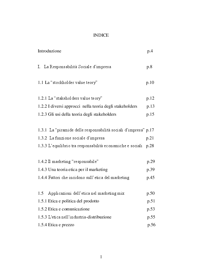 Indice della tesi: La sostenibilità come fattore di competitività e sviluppo: evoluzione e nuove prospettive del settore agroalimentare, Pagina 1