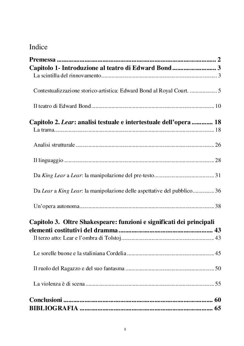Indice della tesi: Oltre Shakespeare: il Lear di Edward Bond, Pagina 1