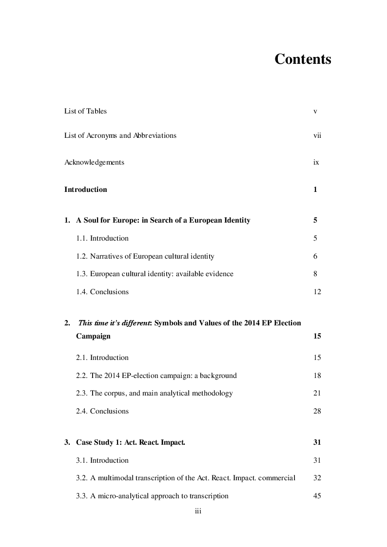 Indice della tesi: In Search of a European Identity: a Multimodal Discourse Analysis of the 2014 European Parliament Election Campaign, Pagina 1