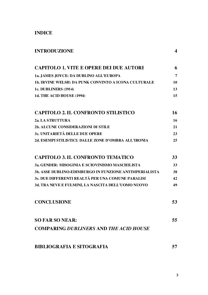 Indice della tesi: Joyce in Welsh: Parallelismi stilistici e tematici tra Dubliners e The Acid House, Pagina 1