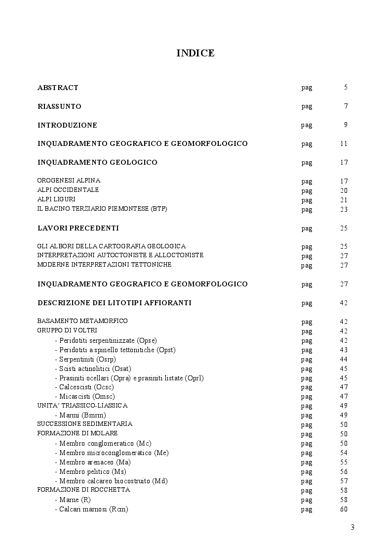 Indice della tesi: Rilevamento geologico del Bacino terziario Piemontese nel settore compreso tra Ponzone e Spigno Monferrato (Val Bormida di Spigno e valle Erro), Pagina 1