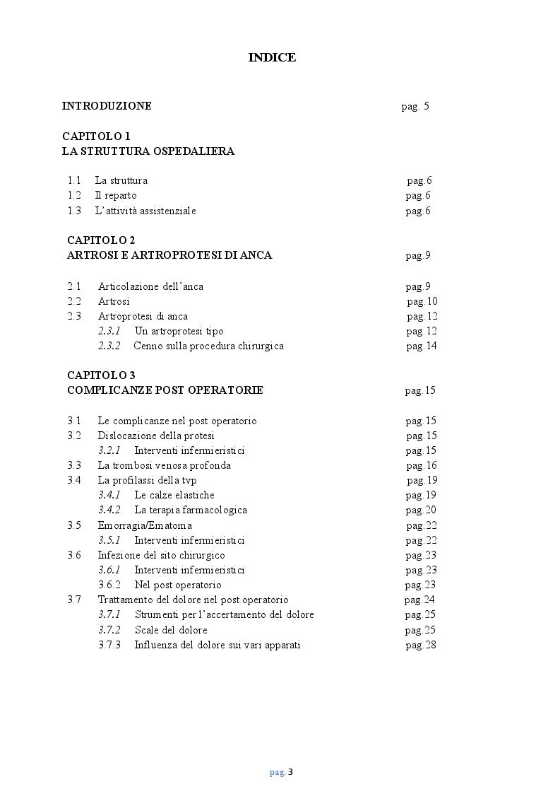 Indice della tesi: Il ruolo dell'infermiere nella prevenzione delle complicanze post-operatorie nella persona operata di artroprotesi di anca, Pagina 1