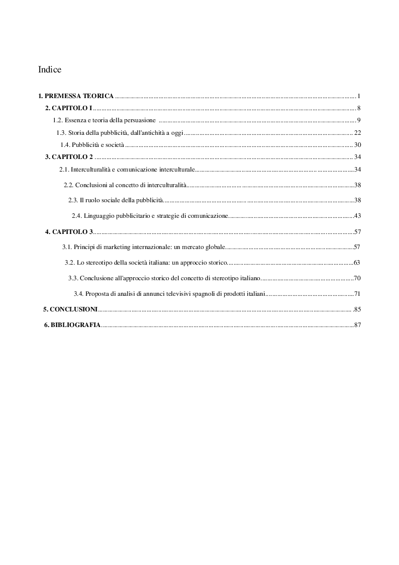 Indice della tesi: La pubblicità come strumento di persuasione, un approccio culturale. Lo stereotipo italiano nella pubblicità spagnola., Pagina 1