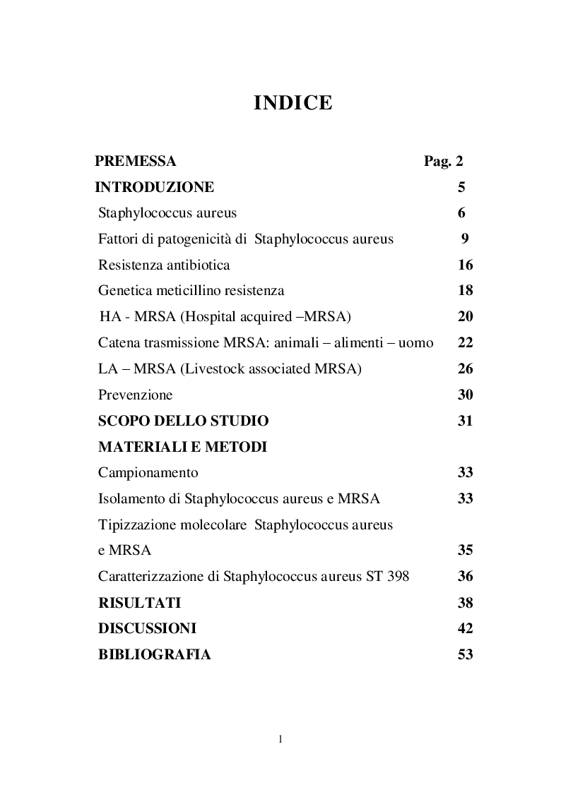 Indice della tesi: Prevalenza e caratterizzazione di ceppi di Staphylococcus aureus meticillino resistente in alimentaristi, Pagina 1