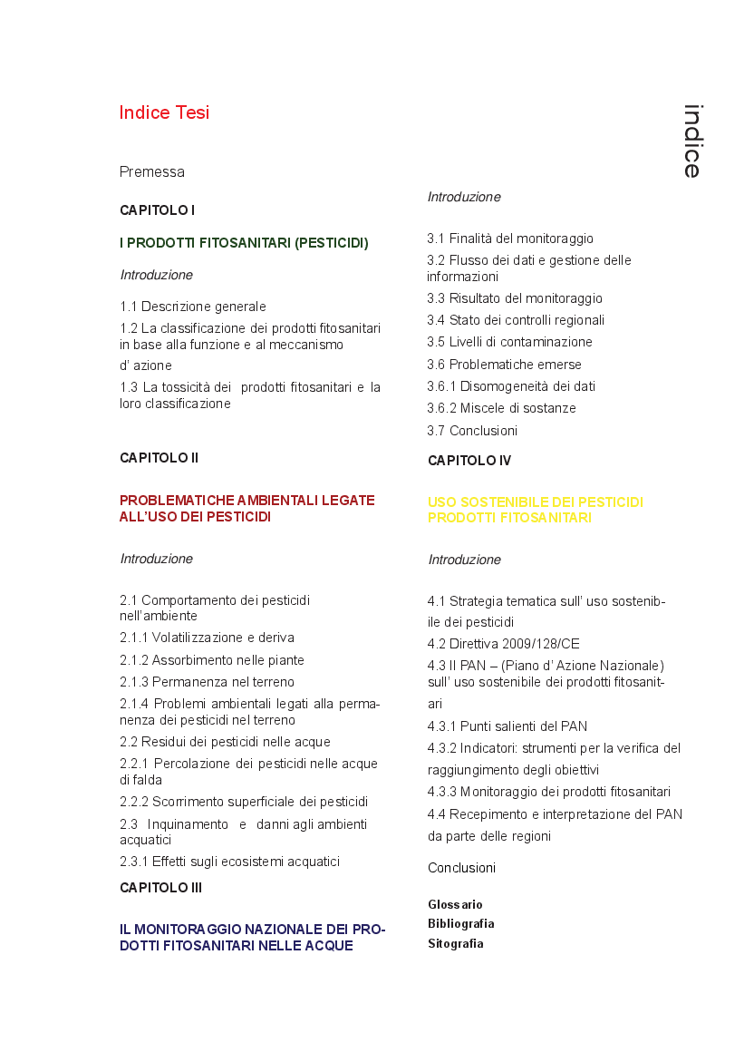 Indice della tesi: Effetti dell'uso dei pesticidi in agricoltura sulla qualità delle acque, Pagina 1