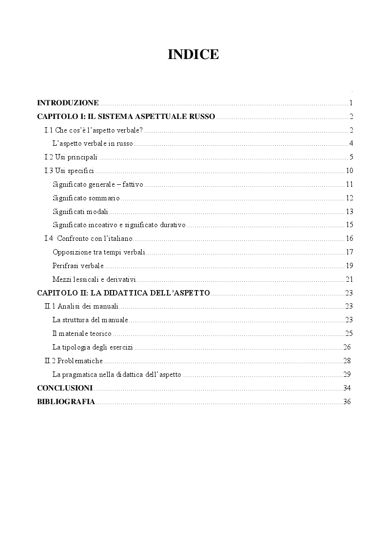 Indice della tesi: Il verbo russo: l'aspetto verbale nella prospettiva didattica, Pagina 1