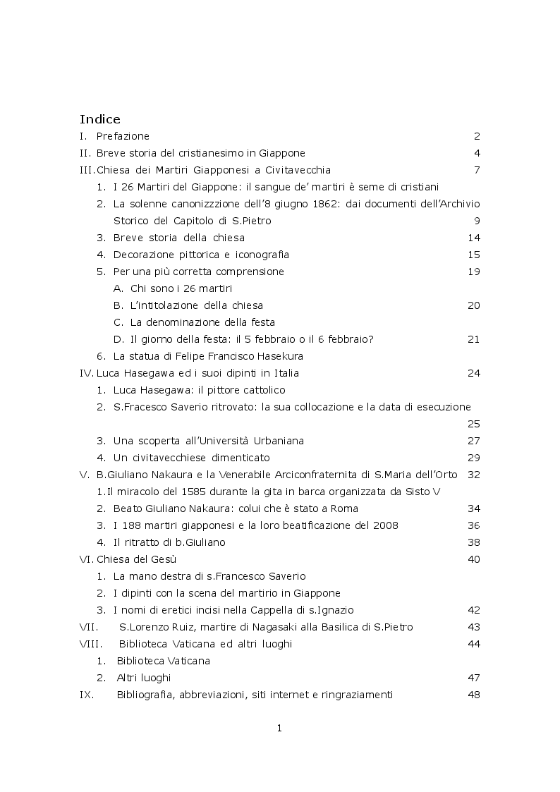 Indice della tesi: Il percorso dei martiri giapponesi e dei luoghi cristiani legati al Giappone - a Roma e Civitavecchia -, Pagina 1