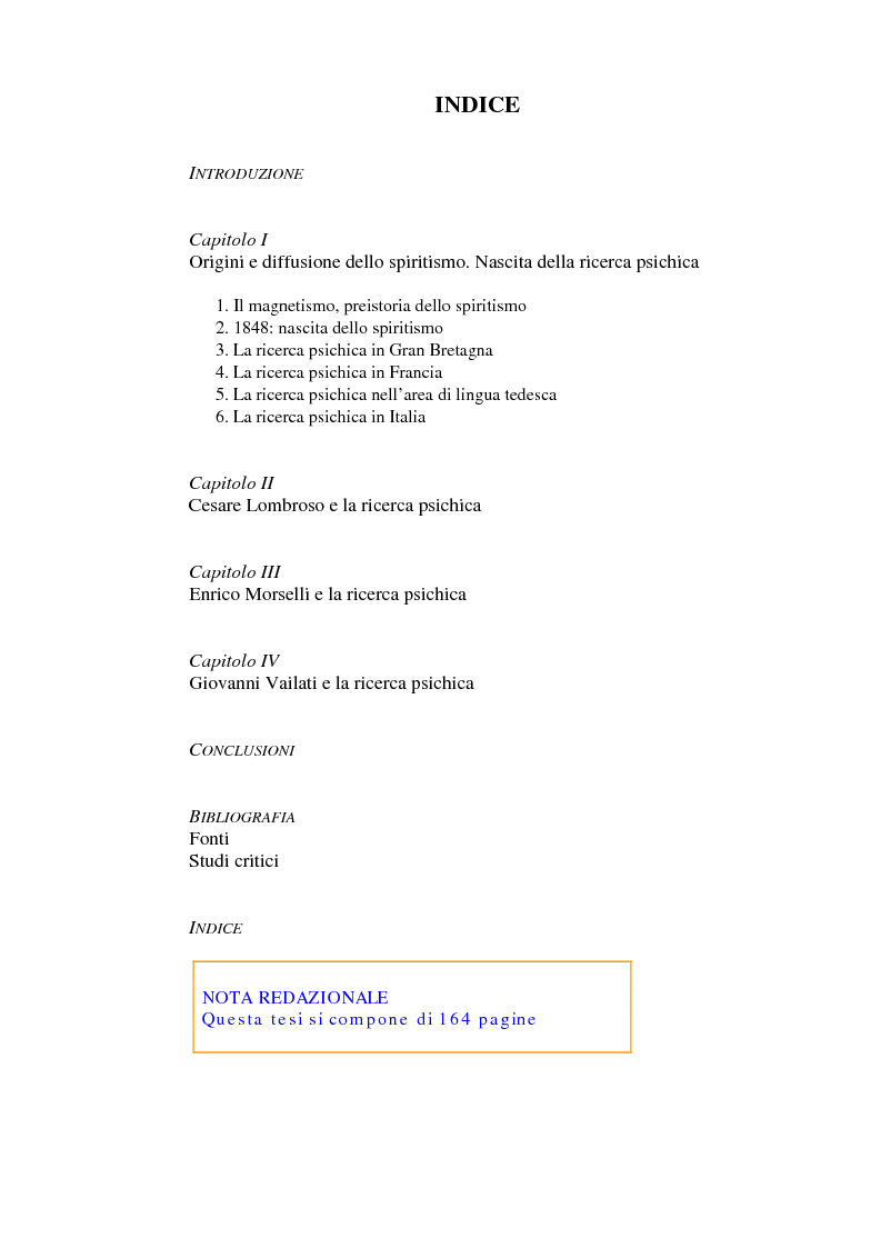 Indice della tesi: Aspetti della ricerca scientifica sullo spiritismo in Italia (1870-1915), Pagina 1