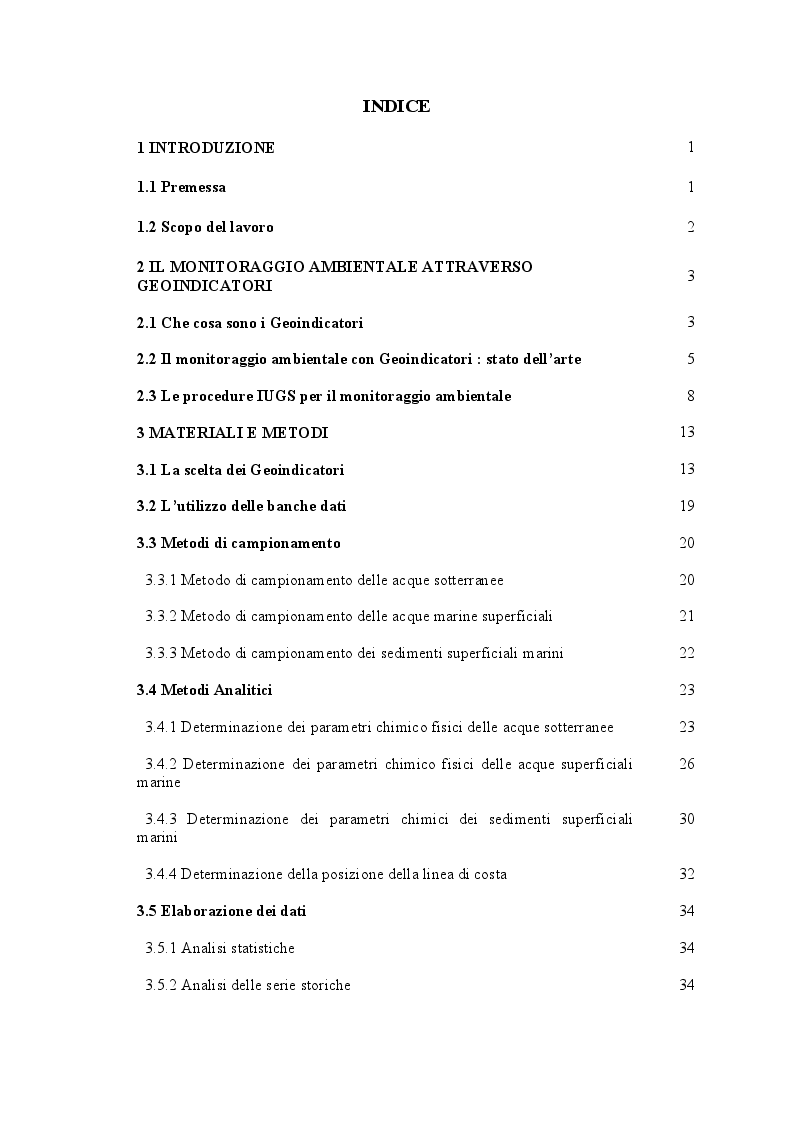 Indice della tesi: Studio e progettazione di una rete di Geoindicatori per il monitoraggio ambientale del territorio provinciale savonese, Pagina 1