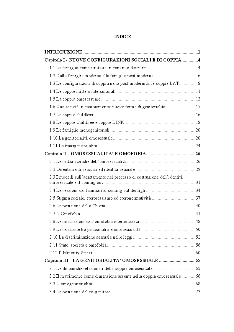 Indice della tesi: Omogenitorialità. Le sfide della genitorialità omosessuale tra pregiudizio e discriminazione, Pagina 1