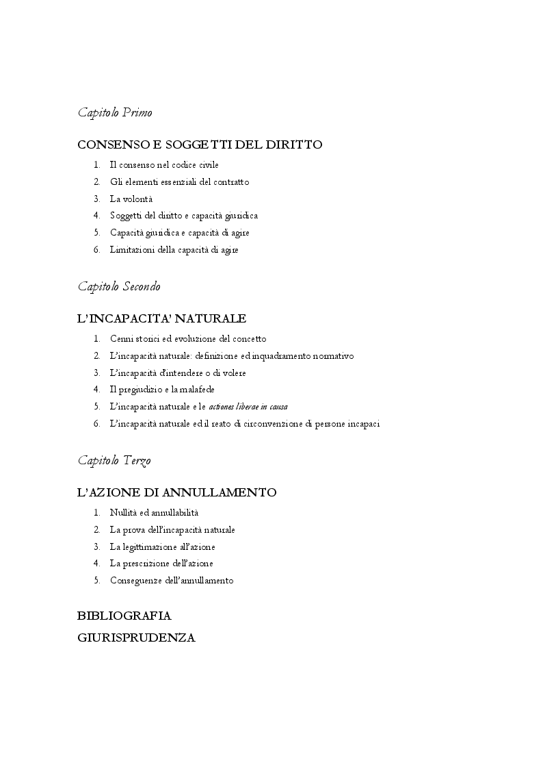 Indice della tesi: L'incapacità naturale, Pagina 1