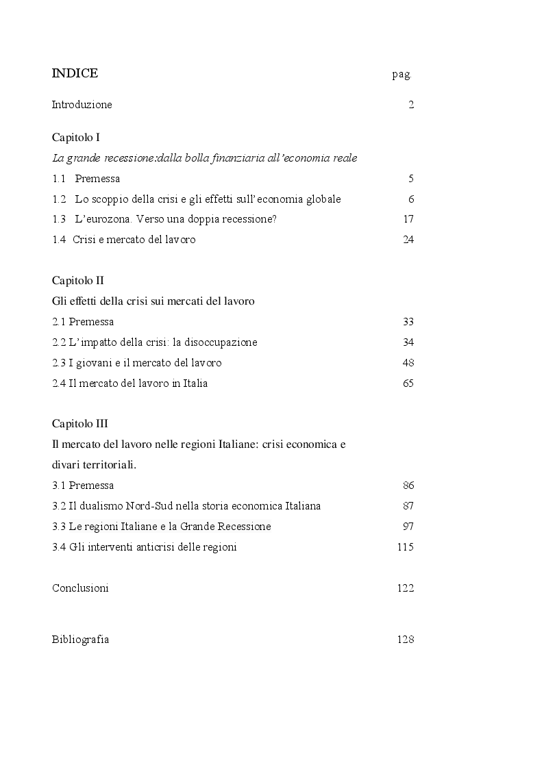 Indice della tesi: L'impatto della crisi sui mercati del lavoro: l'Italia e i divari territoriali, Pagina 1