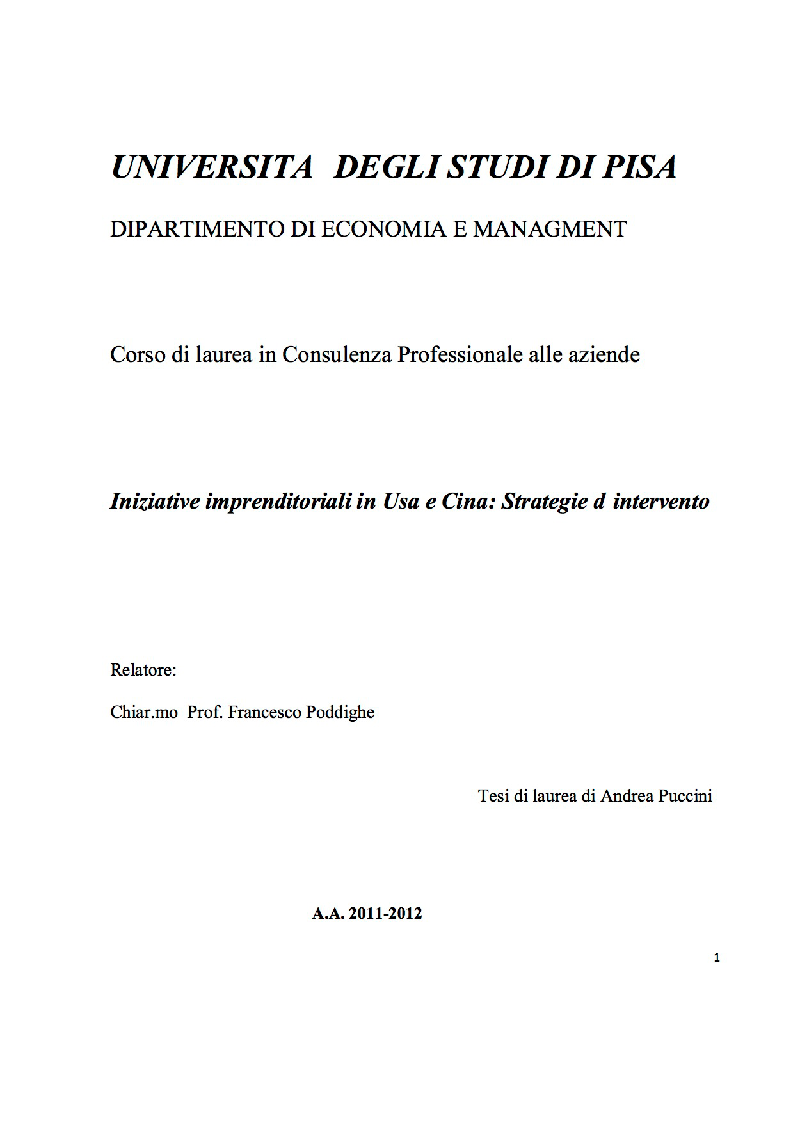 Anteprima della tesi: Iniziative imprenditoriali in Usa e Cina: strategie d'intervento, Pagina 1