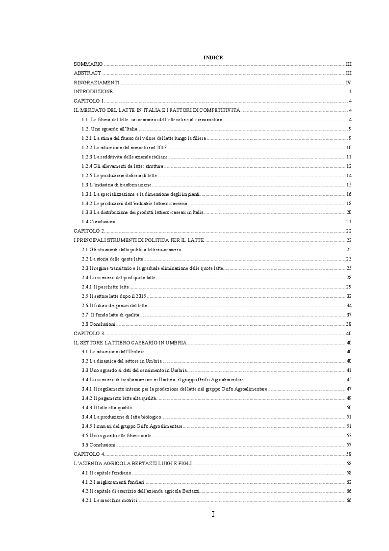 Indice della tesi: Valutazione tecnico economica della trasformazione dell'ordinamento produttivo di un'azienda da latte in Umbria con analisi della filiera del latte, Pagina 1