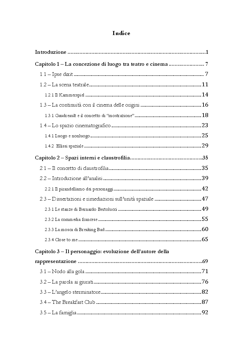Indice della tesi: L'unità di luogo nel cinema. Evoluzione del personaggio cinematografico all'interno di uno spazio concentrazionario., Pagina 1