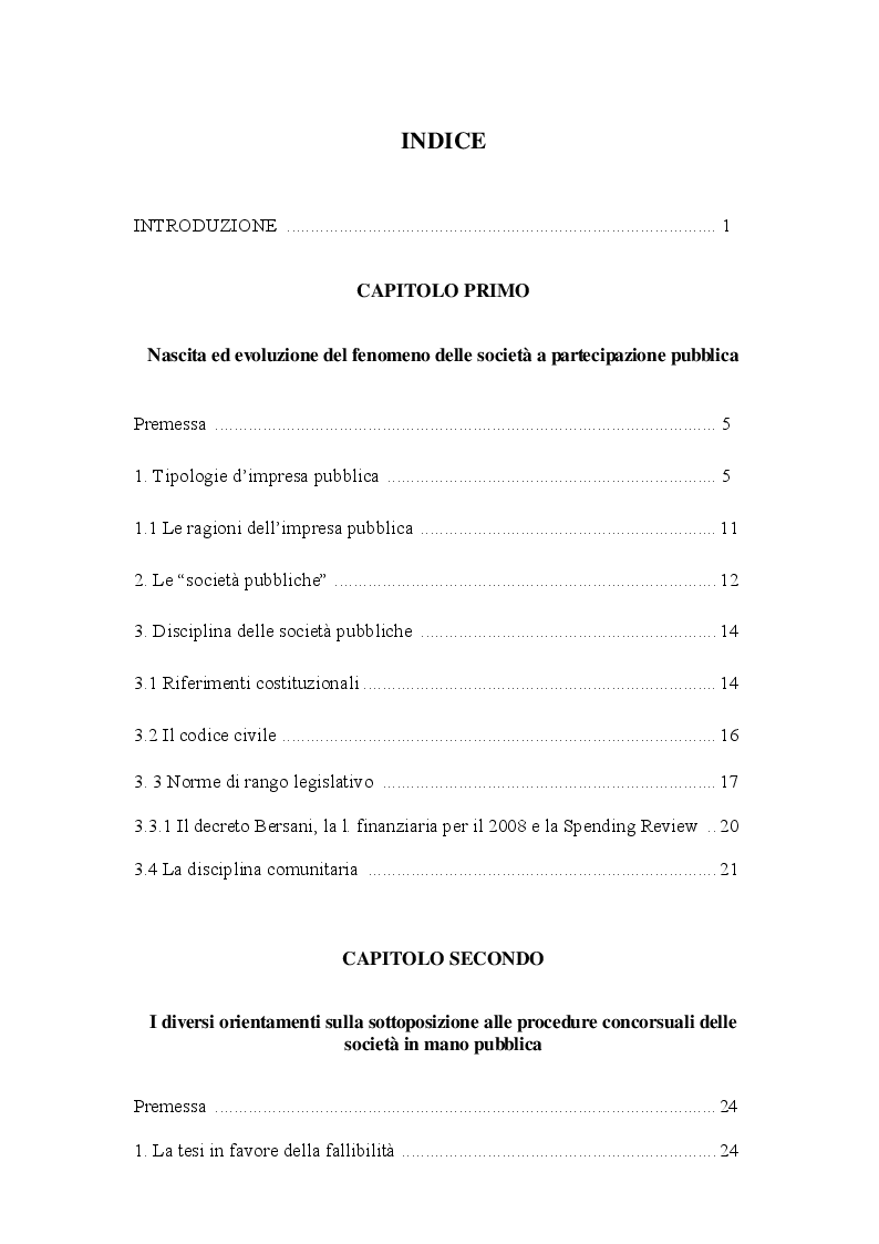 Indice della tesi: Società a partecipazione pubblica e procedure concorsuali, Pagina 1