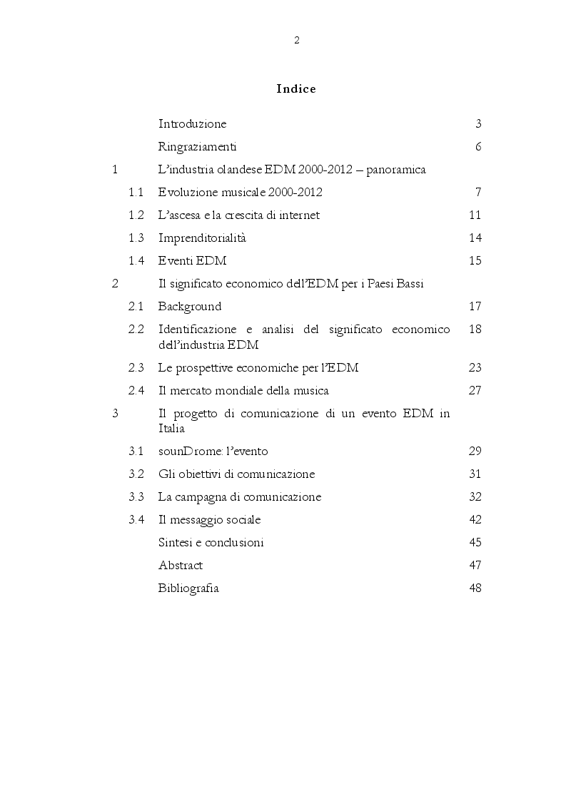 Indice della tesi: La Comunicazione nel nuovo business musicale: Electronic Dance Music, Pagina 1