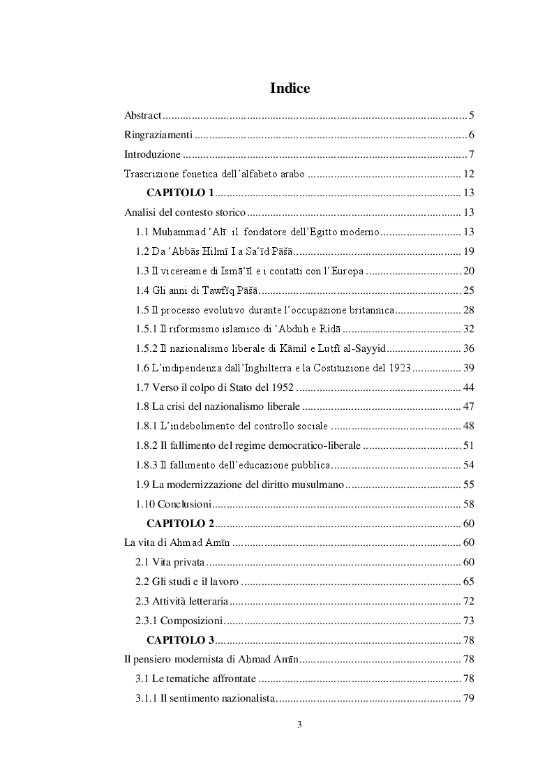 Indice della tesi: Il pensiero modernista egiziano negli scritti di Ahmad Amin, Pagina 1