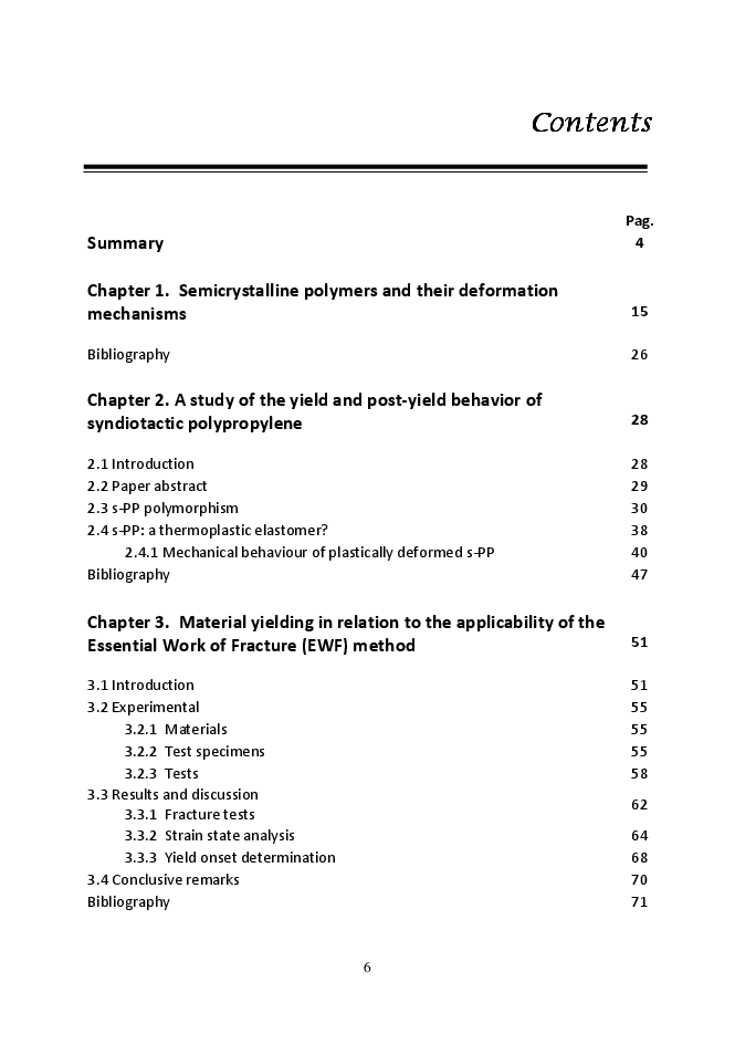 Indice della tesi: Yield and Post-Yield Behaviour of Semicrystalline Polymers: Open Issues of Practical Interest, Pagina 1