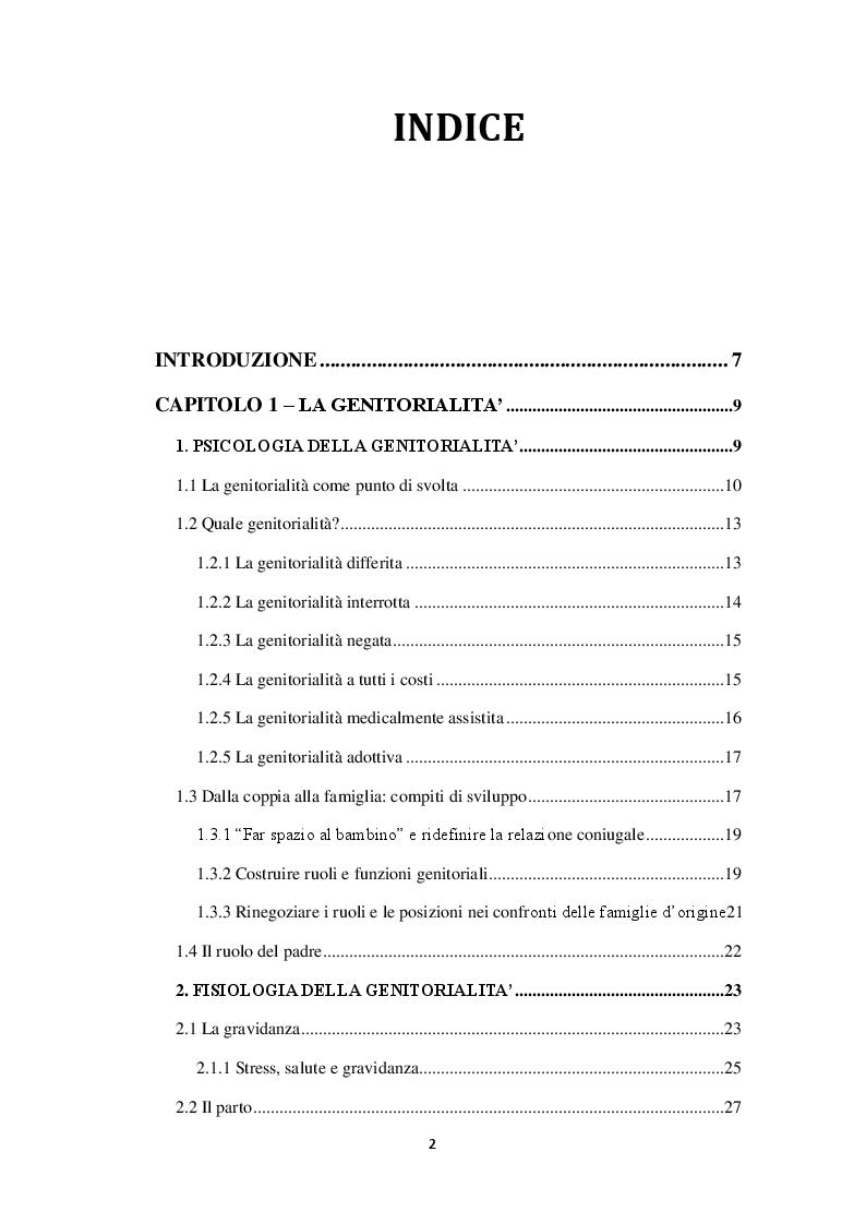 Indice della tesi: Maternità e bias percettivi: uno studio pilota sulla percezione degli stimoli visivi nelle madri, Pagina 1