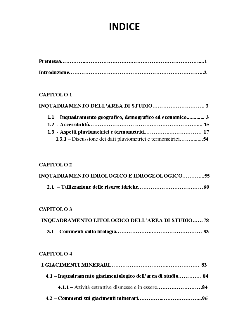 Indice della tesi: Analisi territoriale e valorizzazione delle risorse ambientali e culturali dell’area del bacino del basso Flumendosa., Pagina 1