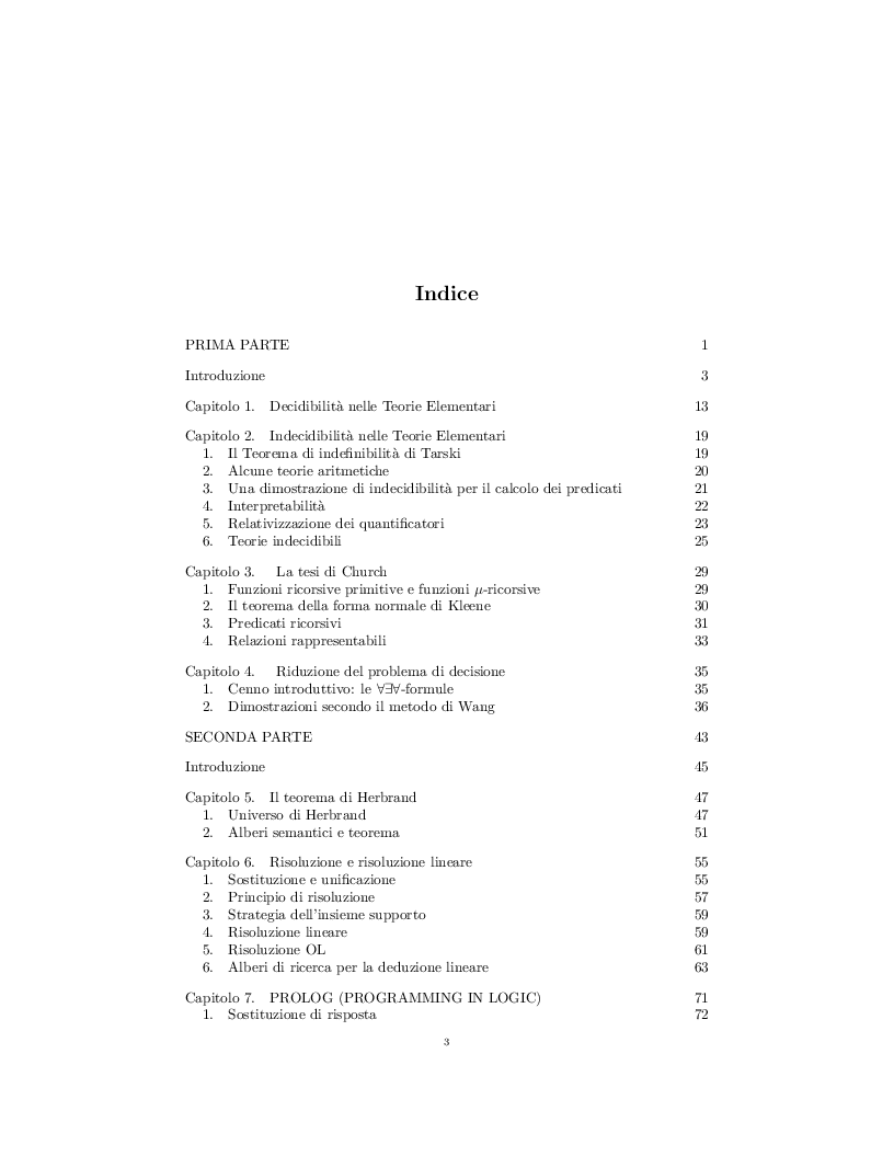 Indice della tesi: Decidibilitá e Indecidibilitá nelle Teorie Elementari. Metodi di Risoluzione Automatica., Pagina 1
