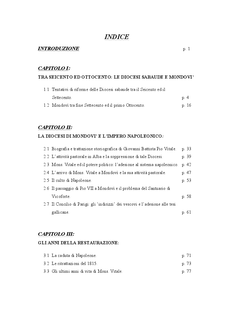 Indice della tesi: Ricerche storico-giuridiche sulla Diocesi di Mondovì nel periodo napoleonico, Pagina 1