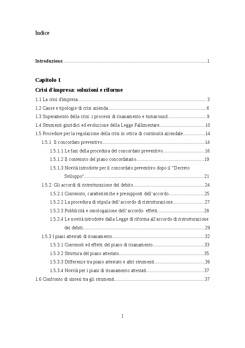 Indice della tesi: Il ruolo del professionista attestatore nella risoluzione della crisi d'impresa, Pagina 1