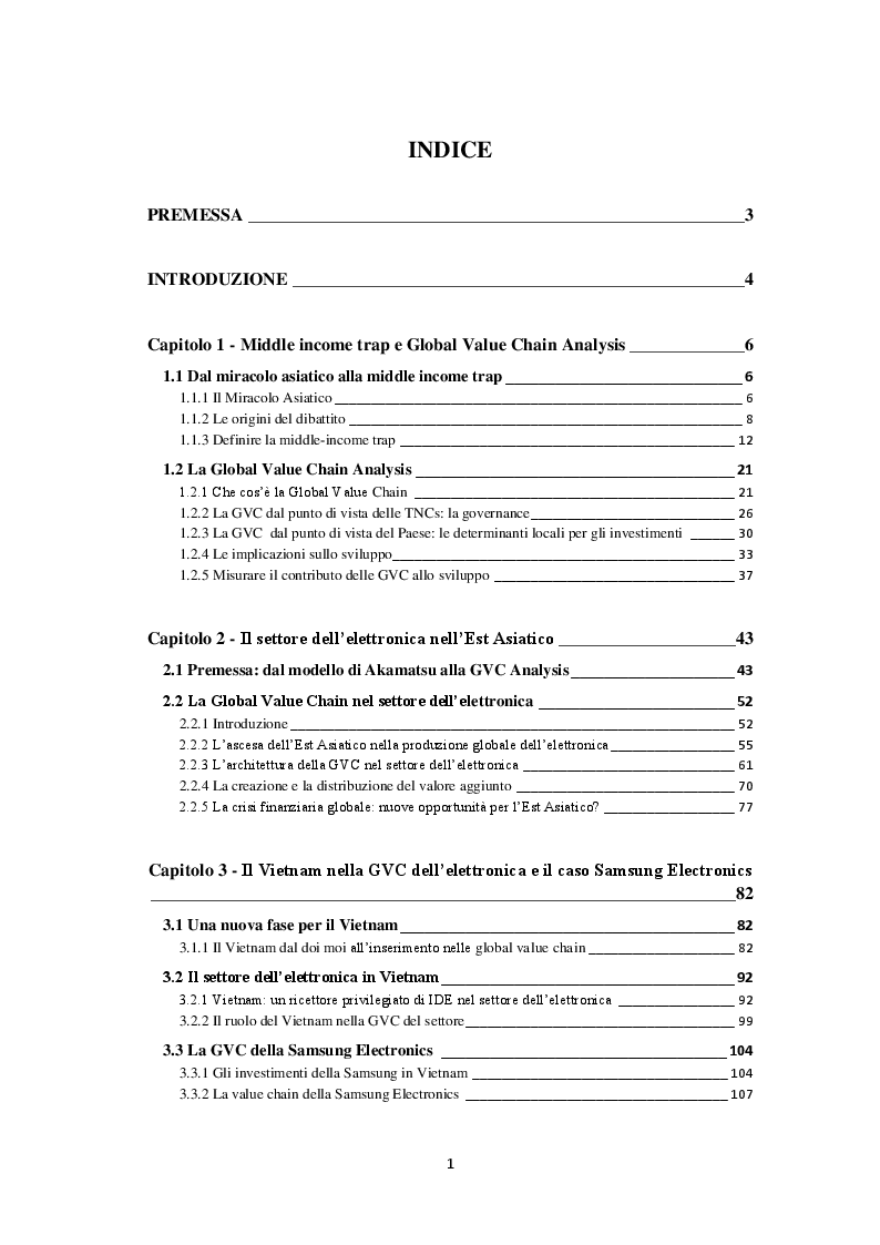 Indice della tesi: Middle income trap e global value chain analysis: il Vietnam nella produzione globale dell'elettronica, Pagina 1