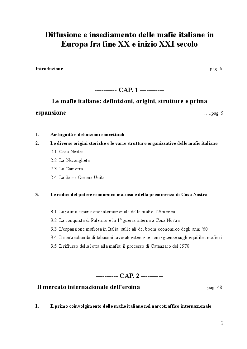 Indice della tesi: Diffusione e insediamento delle mafie italiane in Europa fra fine XX e inizio XXI secolo, Pagina 1