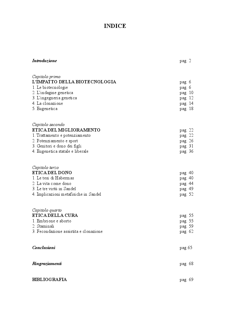 Indice della tesi: MICHAEL J. SANDEL e la Discussione sul Potenziamento Genetico, Pagina 1