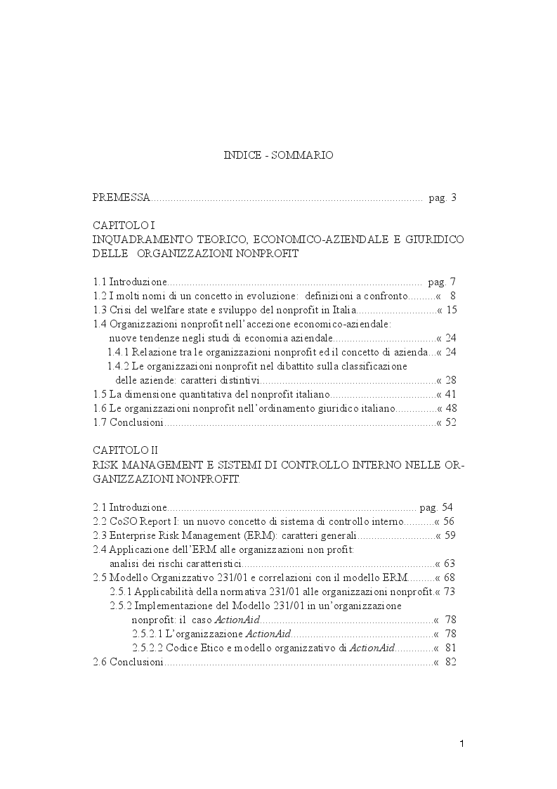 Indice della tesi: Il Ruolo dell'internal auditing nelle organizzazioni nonprofit, Pagina 1