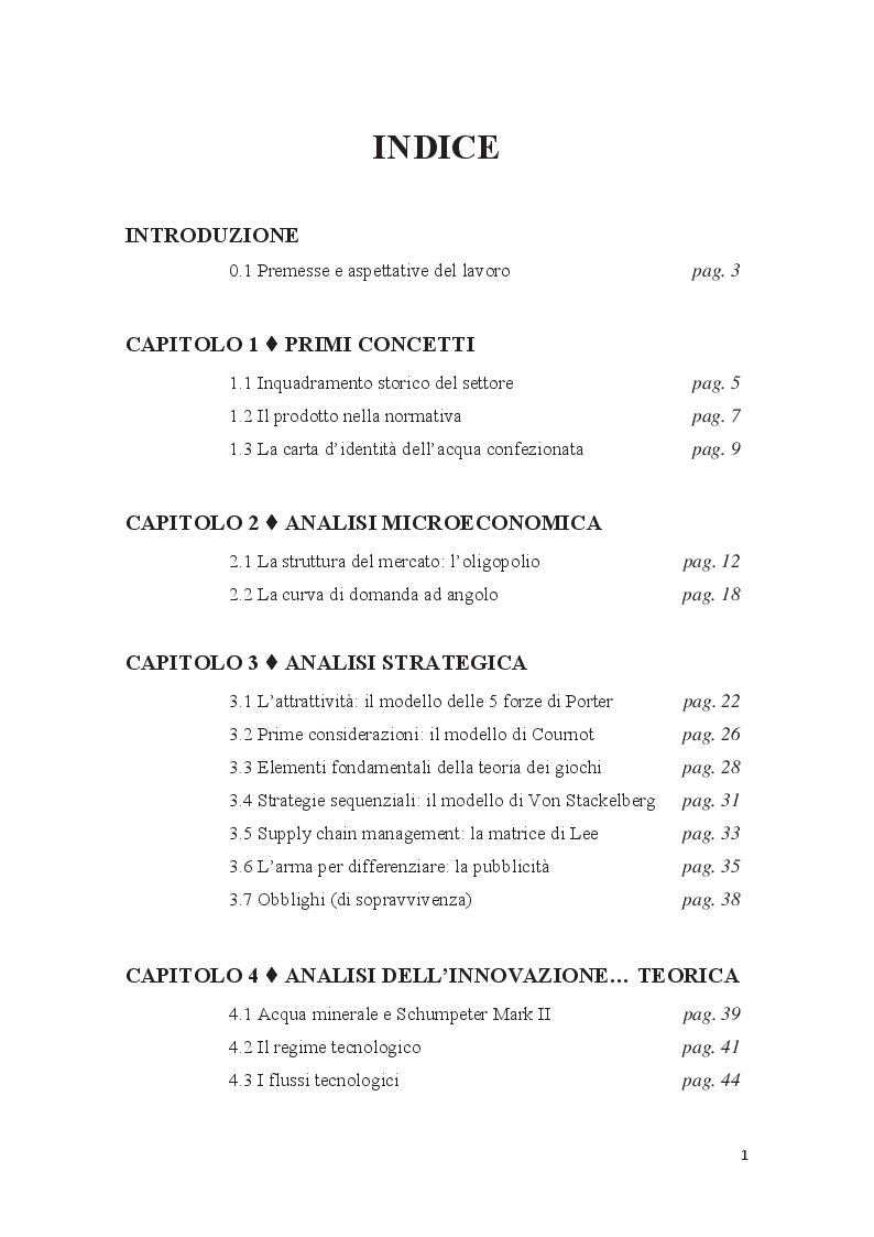 Indice della tesi: Innovazione, struttura e livello di competizione nel mercato delle acque minerali: il caso SACS, Pagina 1
