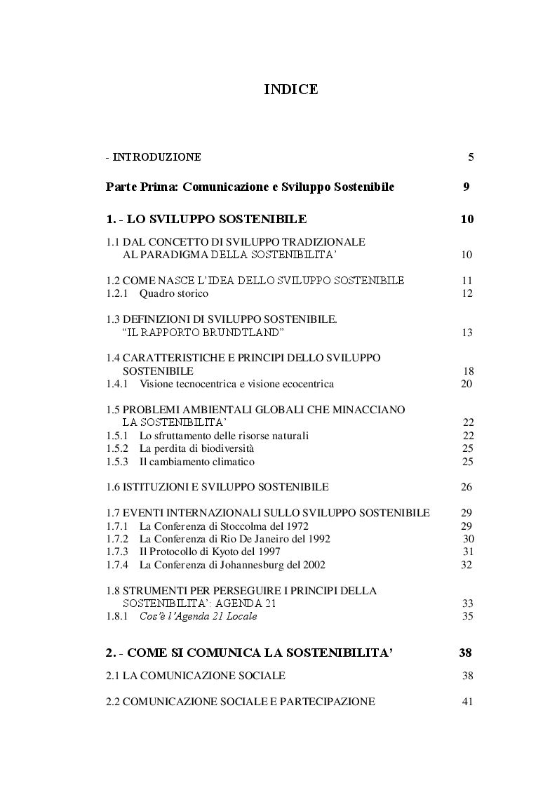 Indice della tesi: La Comunicazione nell'ambito di progetti di Sviluppo Sostenibile. Case Study: il Car Sharing, nuova frontiera della mobilità sostenibile., Pagina 1