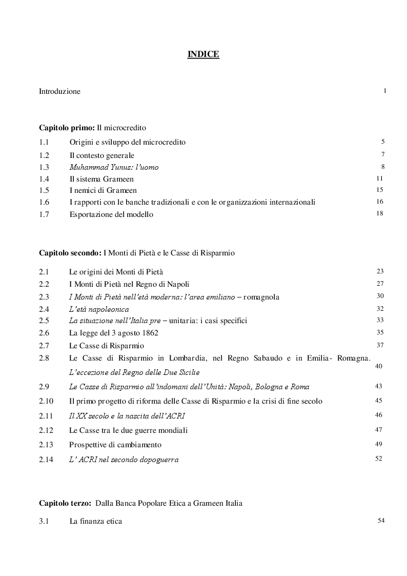 Indice della tesi: L'evoluzione della finanza etica: dai Monti di Pietà al microcredito oggi, Pagina 1