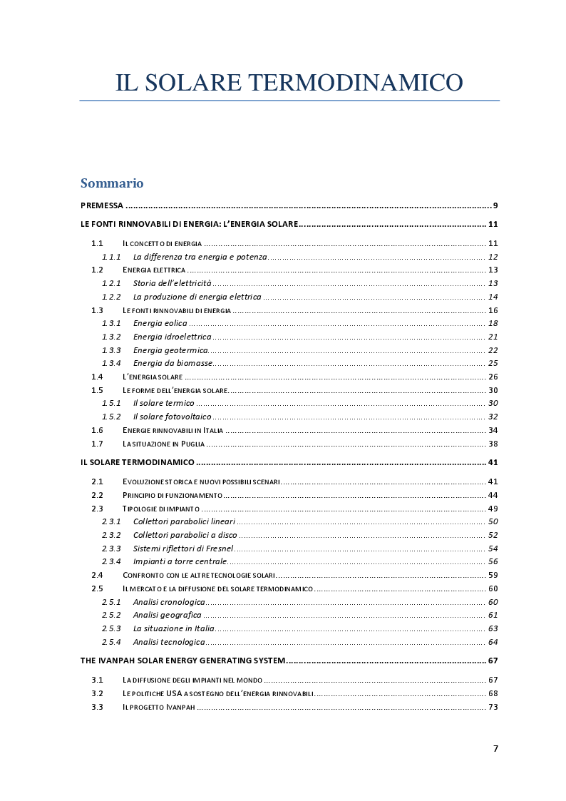 Indice della tesi: Lo sviluppo del solare termodinamico. Caso di studio: ISEGS, Pagina 1