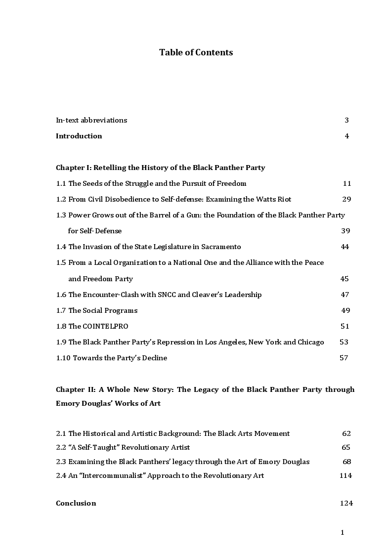 Indice della tesi: The art of Emory Douglas: Reinterpreting the History and the Legacy of the Black Panther Party , Pagina 1