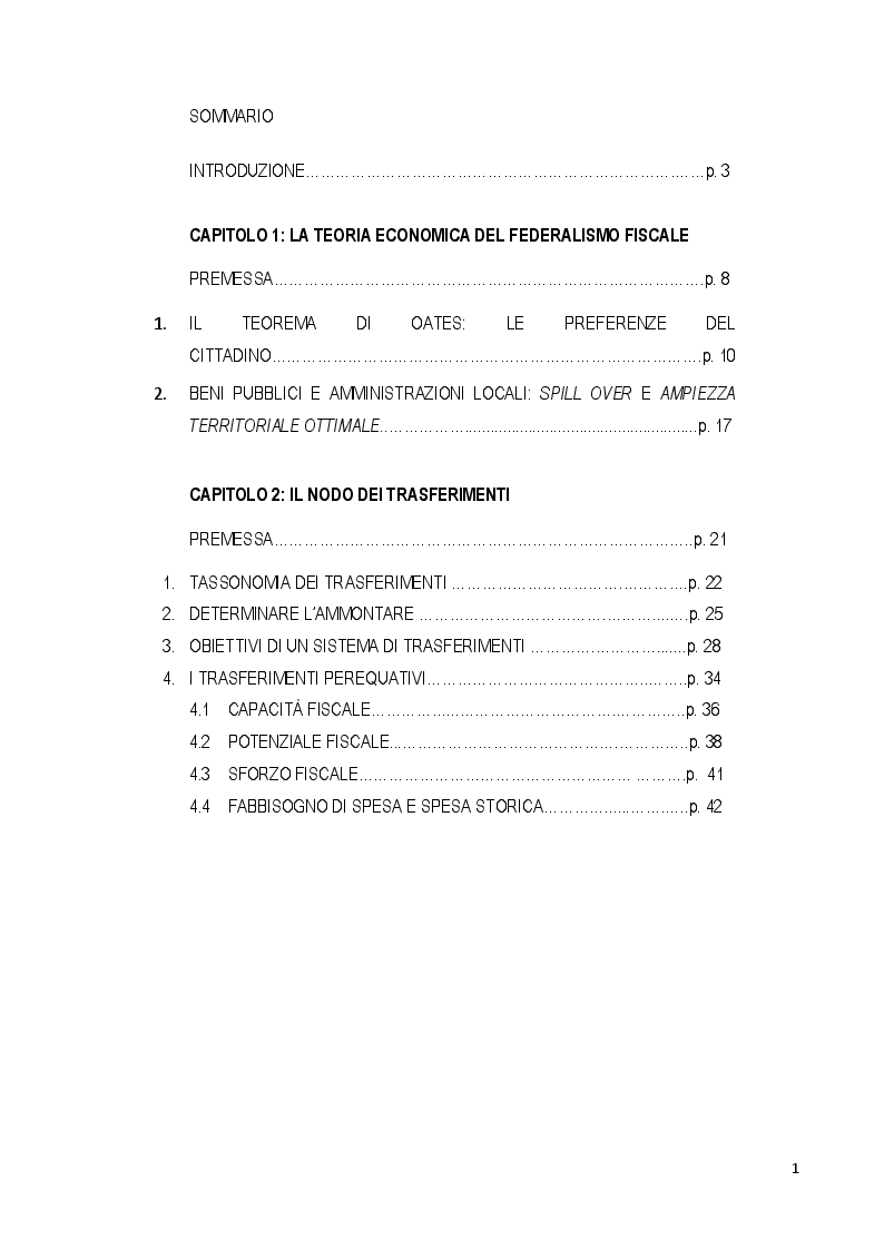 Indice della tesi: Questioni sul Federalismo Fiscale in Italia e nei Paesi OECD, Pagina 1