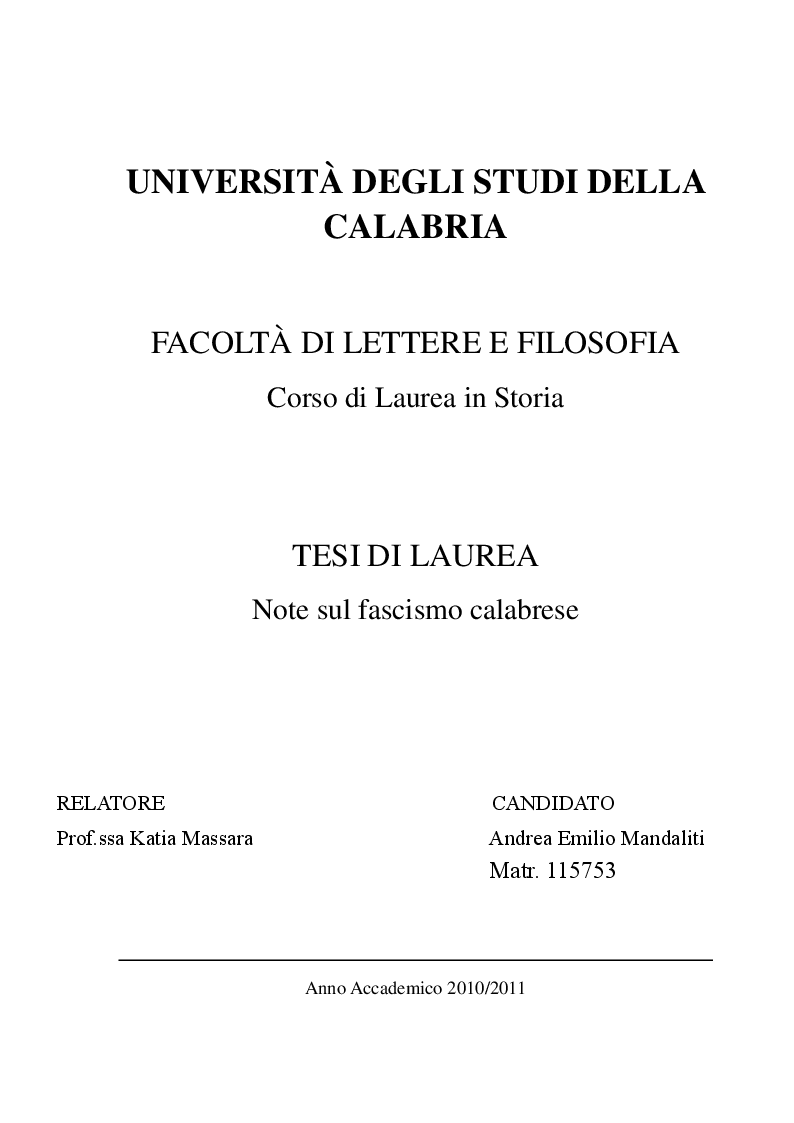 Anteprima della tesi: Note sul fascismo calabrese, Pagina 1