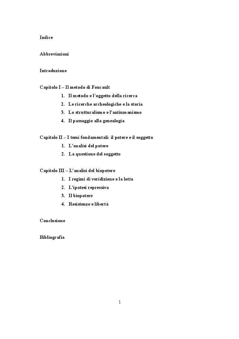 Indice della tesi: Michel Foucault: Biopotere e libertà, Pagina 1