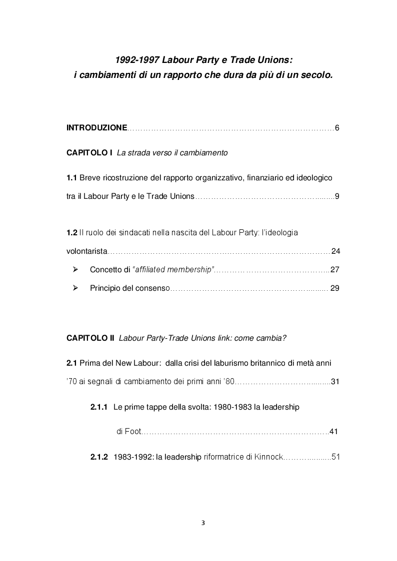 Indice della tesi: 1992-1997 Labour Party & Trade Unions: i cambiamenti di un rapporto che dura da più di un secolo., Pagina 1