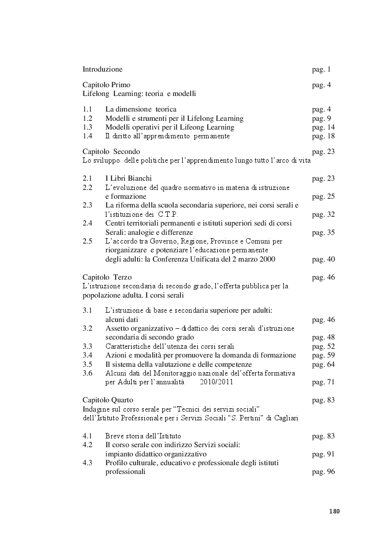 Indice della tesi: Lifelong Learning: l'offerta formativa dei corsi serali per adulti. Il caso dell'Istituto Prof. per i servizi sociali ''S. Pertini'' di Cagliari, Pagina 1
