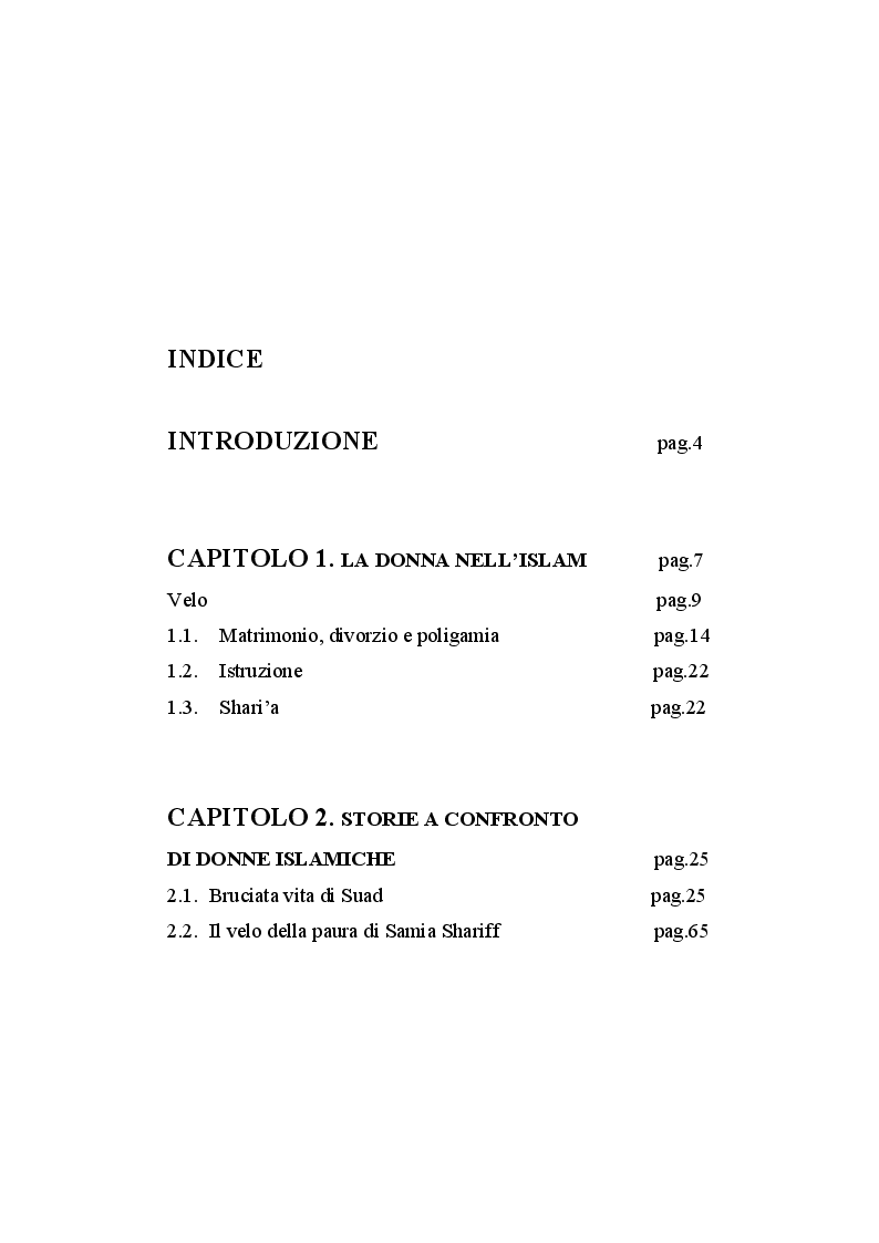 Indice della tesi: Storie di donne islamiche: tra religione e violenza, Pagina 1