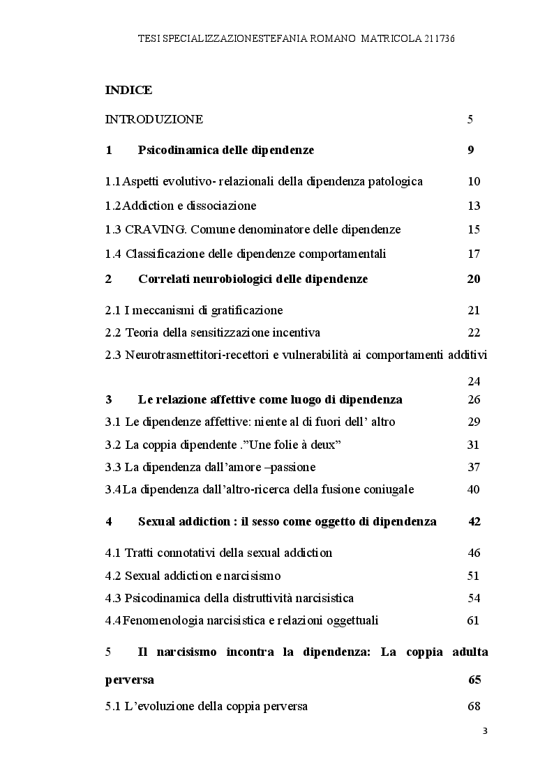 Indice della tesi: Dipendenza affettiva e compulsione sessuale tra normalità e patologia, Pagina 1