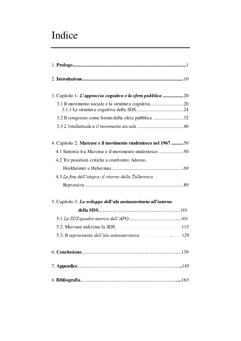 Indice della tesi: Herbert Marcuse e il congresso della SDS ''La fine dell'utopia'' (Berlino ovest, luglio 1967), Pagina 1