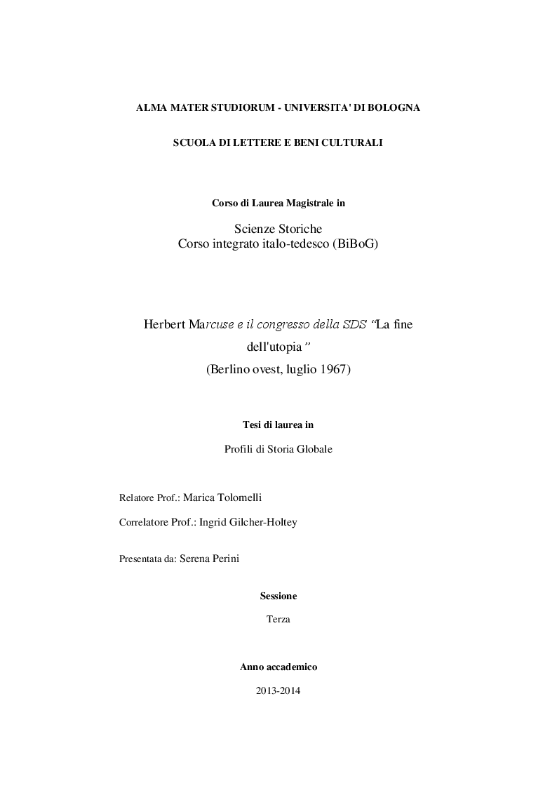 Anteprima della tesi: Herbert Marcuse e il congresso della SDS ''La fine dell'utopia'' (Berlino ovest, luglio 1967), Pagina 1