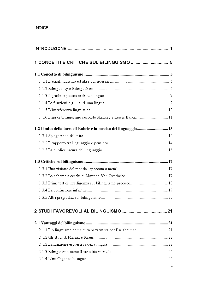Indice della tesi: Bilinguismo, educazione, società. Riflessioni sull'apprendimento di una L2, Pagina 1